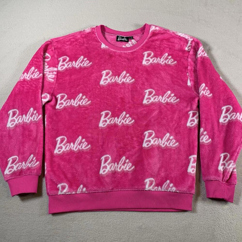 Y2K Barbie Sweater Womens Medium‎ Furry All Over Print Movie Ladies Fleece M